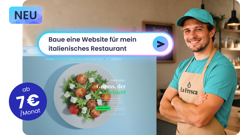 Stolzer Restaurantbesitzer mit seiner Website, erstellt mit dem KI App & Site Builder
