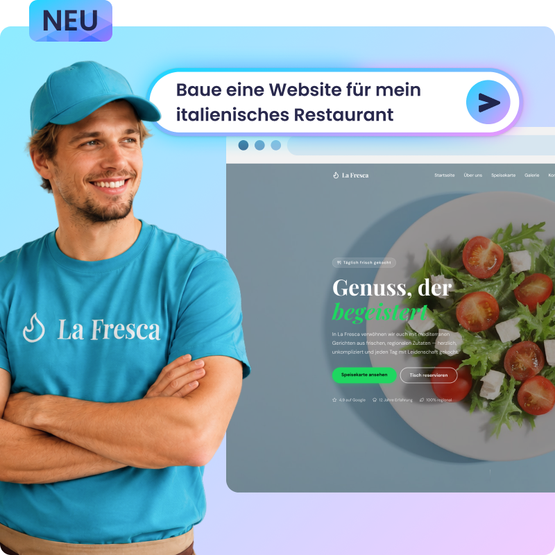 Stolzer Restaurantbesitzer mit seiner Website, erstellt mit dem KI App & Site Builder