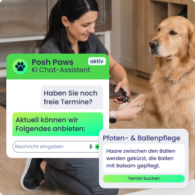 Mitarbeiterin bei der Krallenpflege, eingeblendetes Chatfenster mit Kundenanfrage