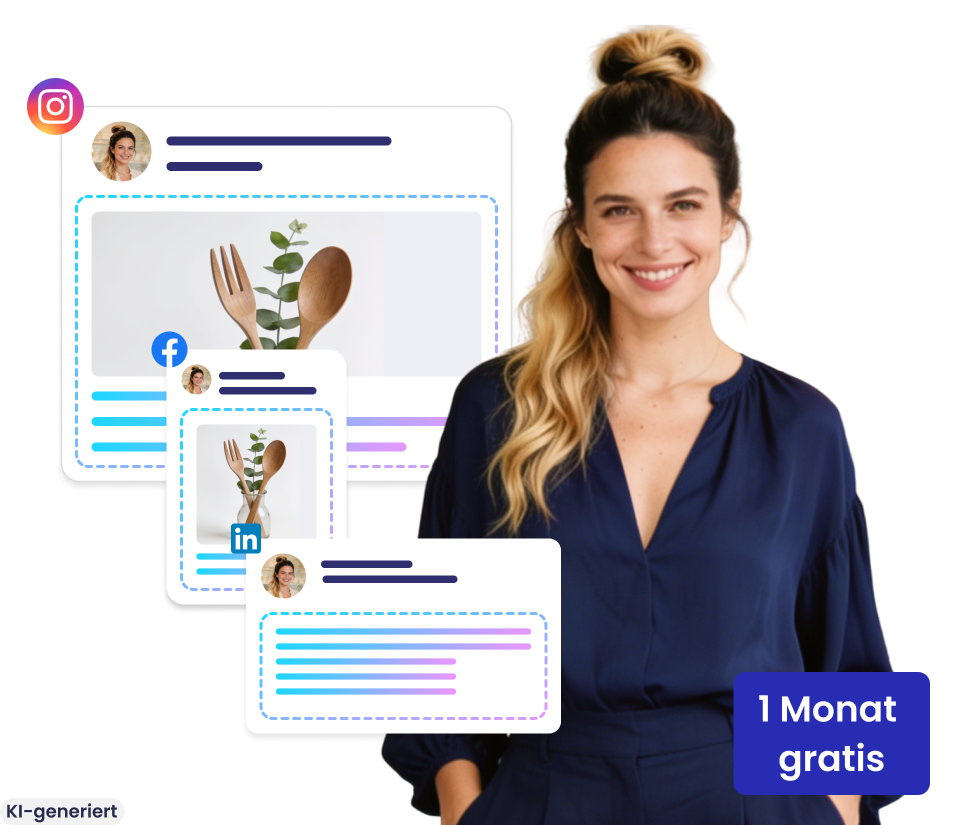 Junge Frau präsentiert verschiedene Social-Media-Posts in unterschiedlichen Kanälen