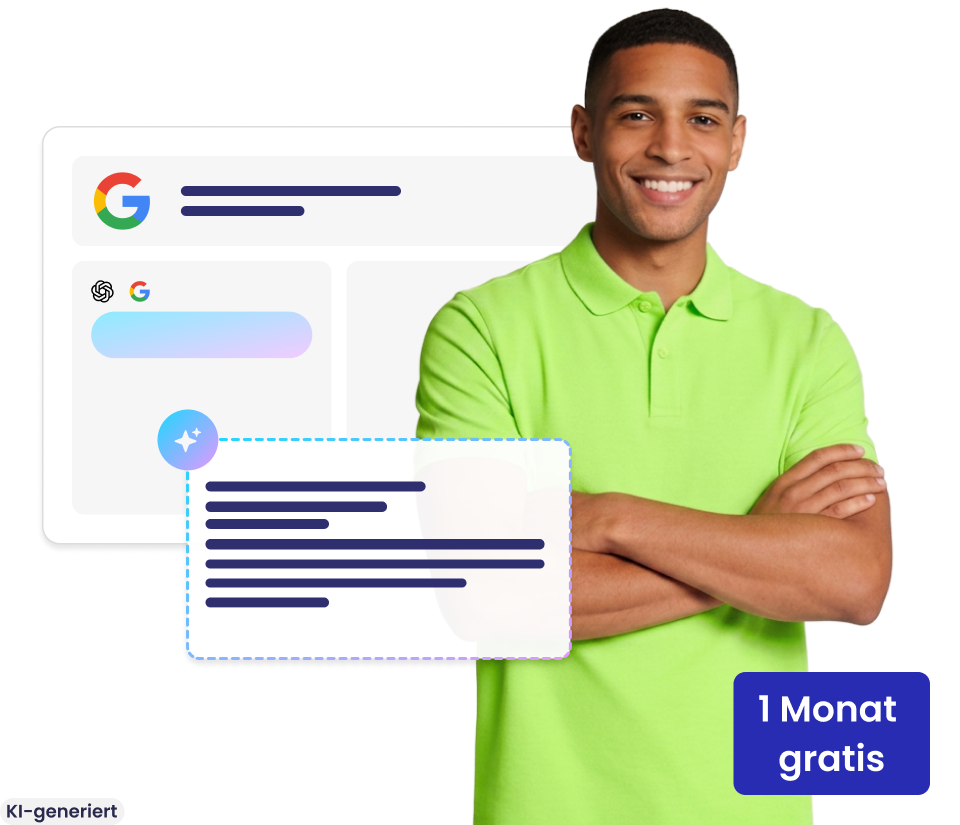Lächelnder junger Mann, daneben eine Google-Suche und ein KI-Textfeld