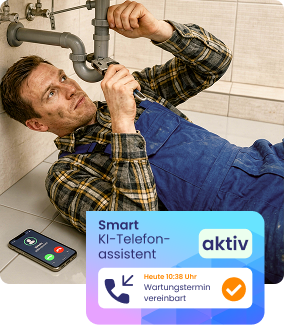 Installateur beim Abflussreparieren, ein Smartphone, eine Box, die zeigt, dass der KI-Telefonassistent den Anruf annimmt.