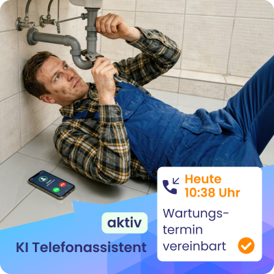 Installateur beim Abflussreparieren, ein Smartphone, eine Box, die zeigt, dass der KI-Telefonassistent den Anruf annimmt.