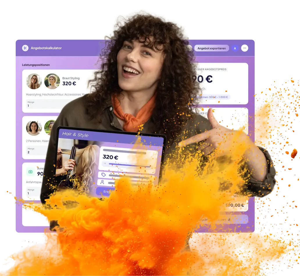 Glückliche Frisörin mit Website und Angebotsrechner, erstellt mit dem KI App & Site Builder