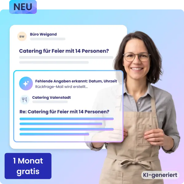 Glückliche Inhaberin eines Catering-Service und eine mit KI bearbeitete E-Mail 