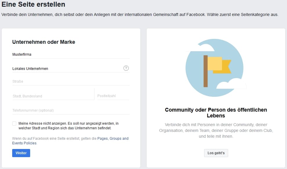 Rubriken Facebook-Fanpage vervollständigen