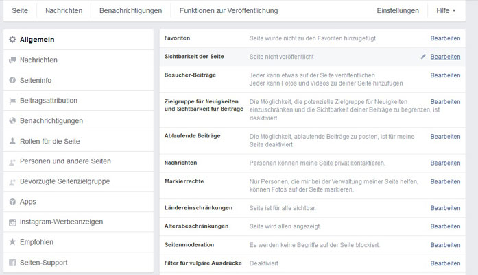 Einstellungen der Facebook-Fanpage