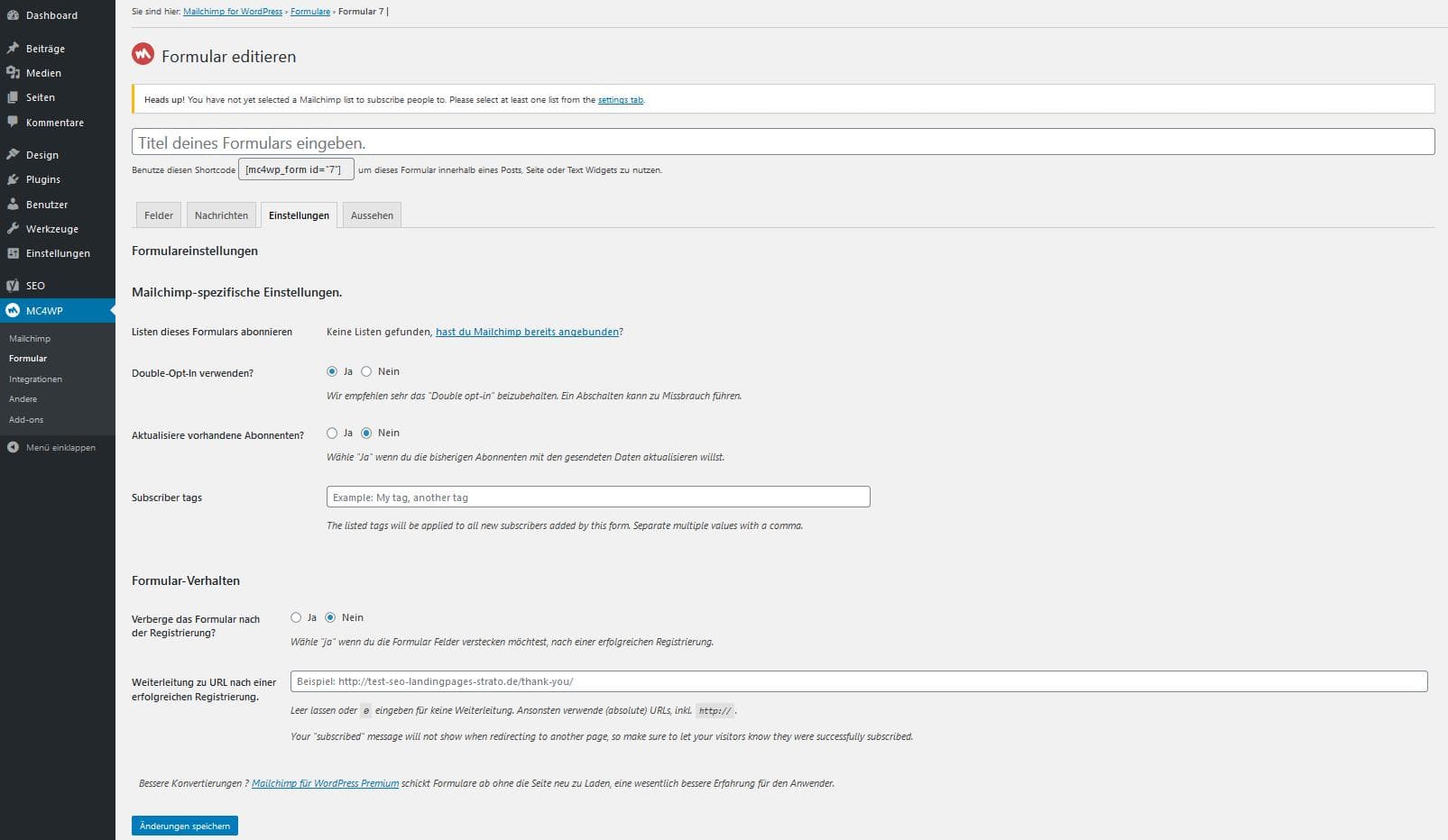 Backend-Ansicht des Plug-ins MailChimp for WordPress