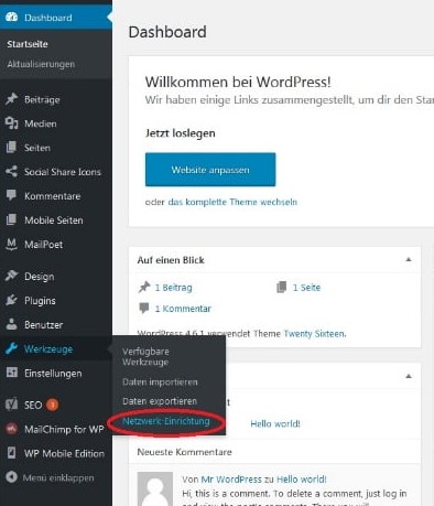 Änderungen im Backend für die WordPress-Multisite-Installation