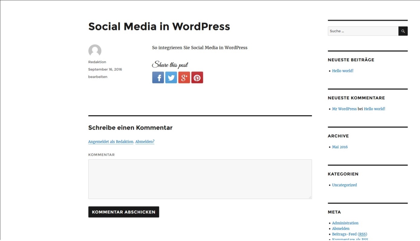 Beispiel für einen Post in WordPress mit Social-Media-Buttons