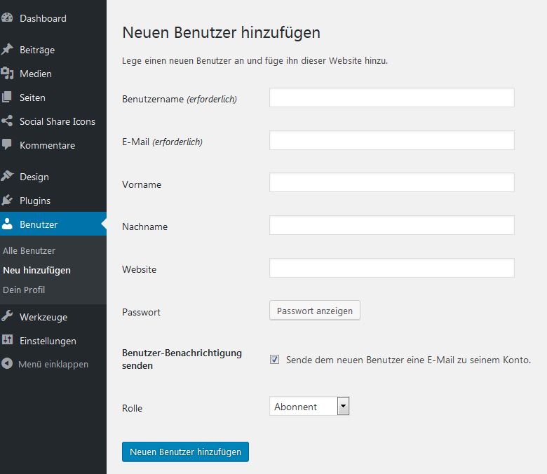 Neuen Benutzer hinzufügen bei WordPress