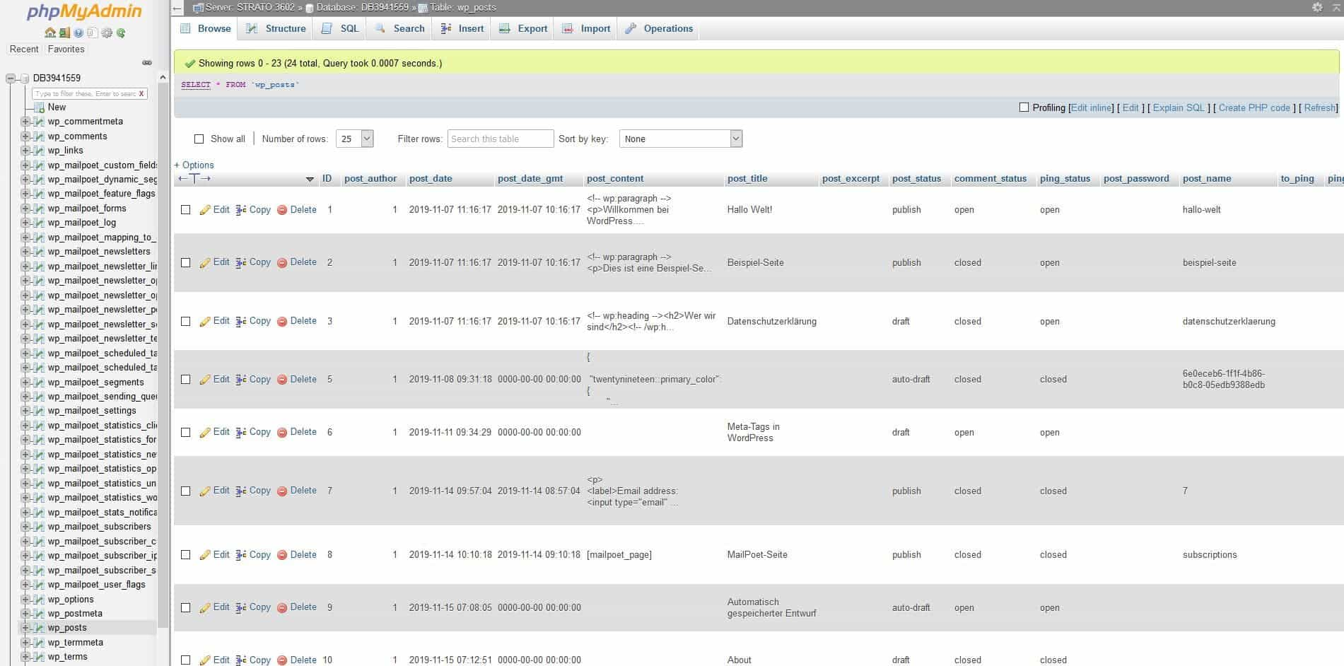 Eine Übersicht in der WordPress-Datenbank über alle gespeicherten Posts