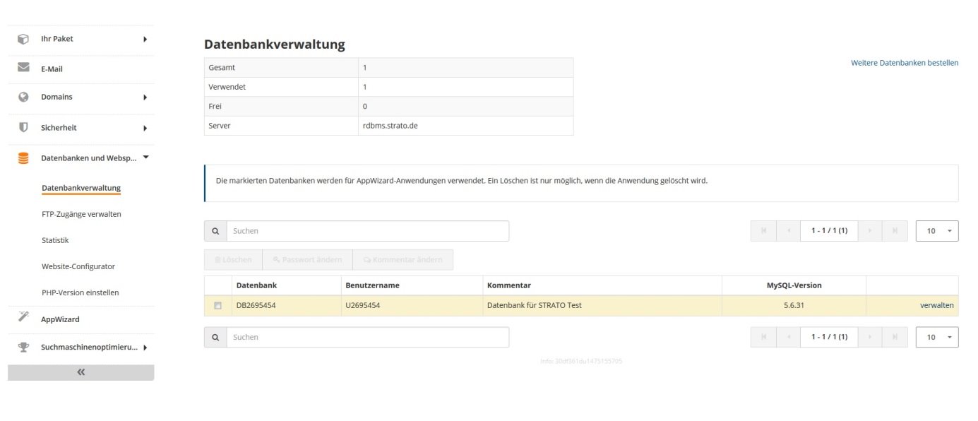 Screenshot: Die Datenbankübersicht einer WordPress Datenbank bei STRATO