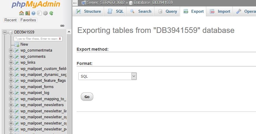 Screenshot: WordPress Datenbank exportieren mit phpMyAdmin