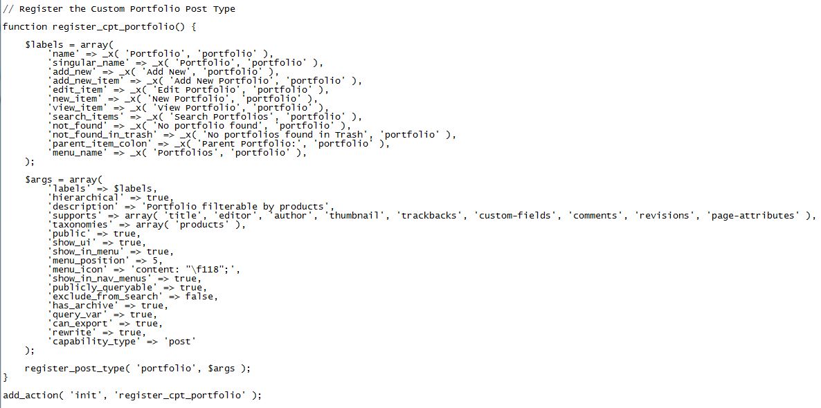 Der Code für ein neues Plug-in, das einen Custom Post Type namens Portfolio implementiert