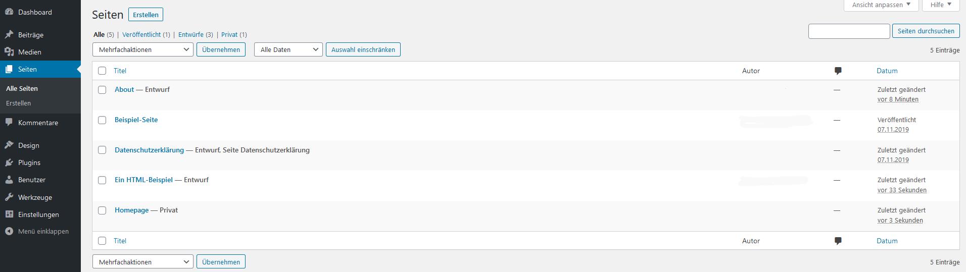 WordPress-Seiten bearbeiten: Übersicht „Alle Seiten“