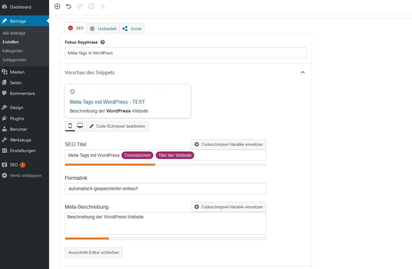 Eingabe von WordPress-Meta-Tags mit dem Plug-in Yoast SEO