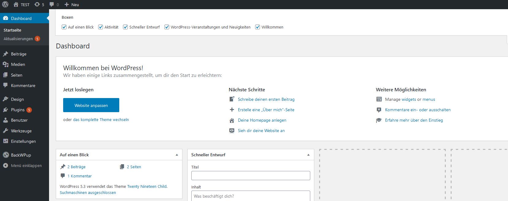 Screenshot: WordPress Dashboard zum Überprüfen der aktuellen Version