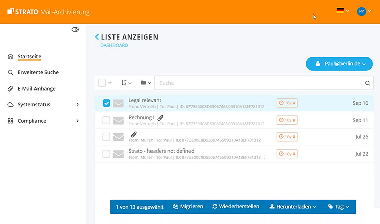 Mail Archivierung Blick ins Produkt