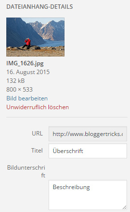 Die Überschrift aus den Metadaten wird in WordPress automatisch zum Titel des Bildes, die Beschreibung zur Bildunterschrift.