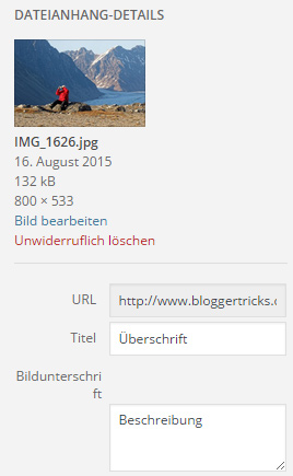 Die Überschrift aus den Metadaten wird in WordPress automatisch zum Titel des Bildes, die Beschreibung zur Bildunterschrift. 