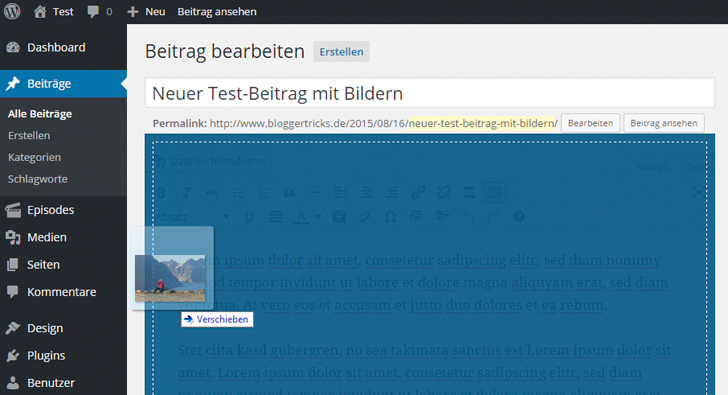Statt Umweg über die Mediathek: Bild direkt in den Beitrag ziehen.