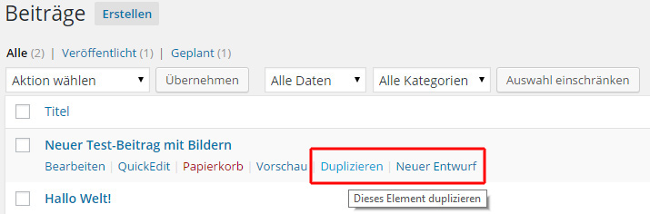 Die Links zum Duplizieren oder Anlegen einer Kopie als neuen Entwurf zeigt das Plugin wahlweise über dem Veröffentlichen-Button im Editor oder in der Artikel-Übersicht an.