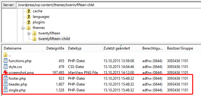 Alle Dateien mit Ausnahme von style.css und functions.php ersetzen die Dateien des Eltern-Themes komplett.