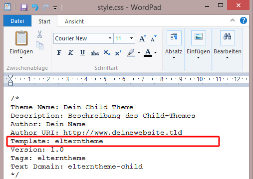 Das Child-Theme funktioniert nur, wenn das Eltern-Template korrekt benannt ist.