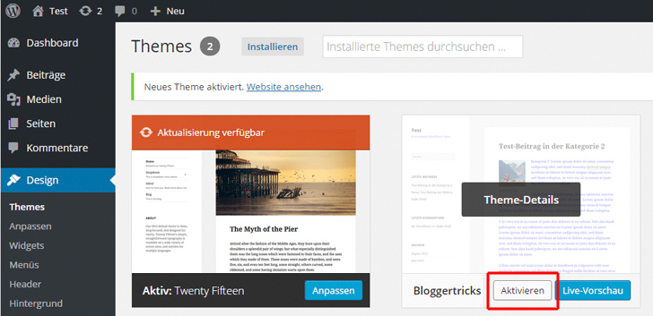 Ein Klick genügt und Dein neues Child-Theme ist aktiv.