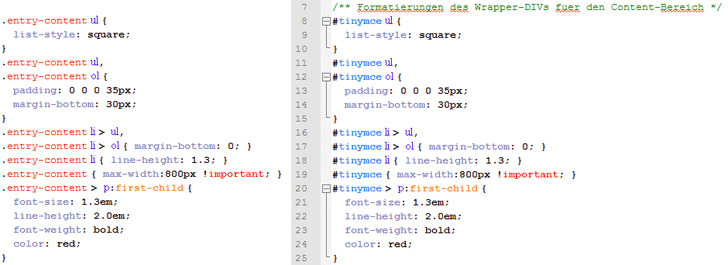 Aus den in der style.css zusammengesuchten Formatierungen (links) werden die entsprechend modifizierten Einträge in der backend.css (rechts).