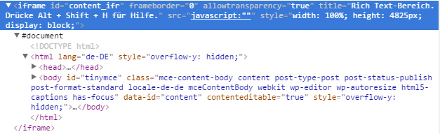 Browser-Erweiterungen wie beispielsweise Google Chromes Entwicklertools machen sichtbar, wie der Editor von WordPress den Inhalt eines Beitrags mit Hilfe eines Iframes einbettet.