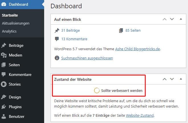 Zustand der Website im WordPress Dashboard