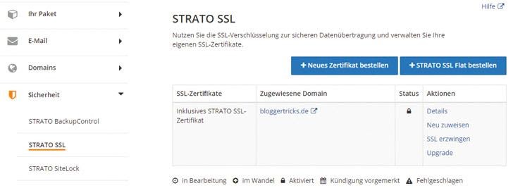 Screenshot zeigt, wie SSL Zertifikat bei STRATO aktiviert wurde