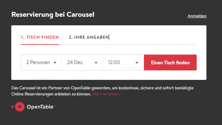Screenshot einer Beispiel-Reservierung über OpenTable