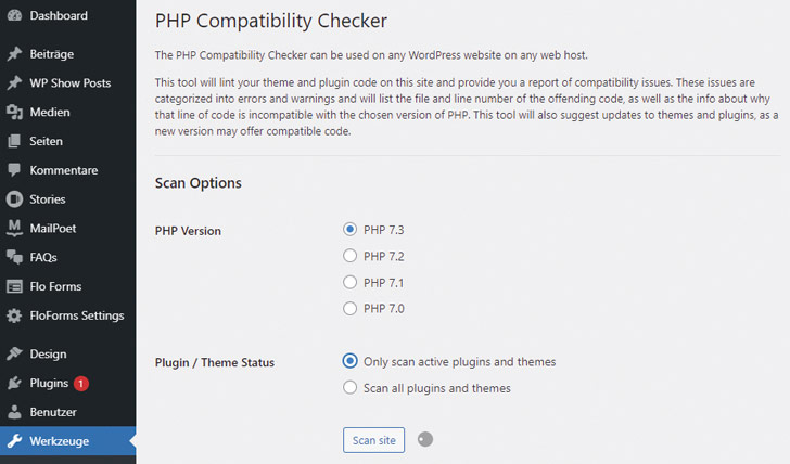 Screenshot vom PHP Compatibility Checker. Du findest ihn im Menü unter Werkzeuge.