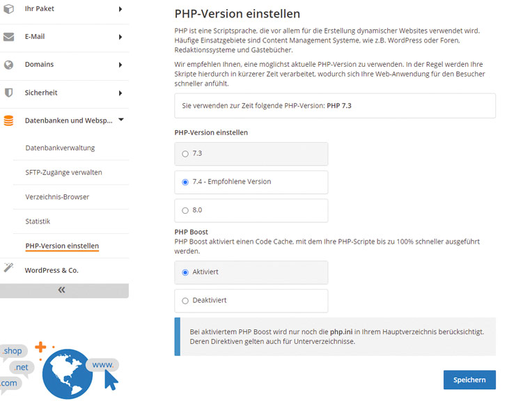 Screenshot der PHP-Umstellung im STRATO Kunden-Login: Die Umstellung auf PHP 7.4 kostet nur ein paar Mausklicks.