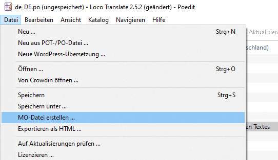 Screenshot: Poedit Dateimenü, in dem die Auswahl "MO-Datei erstellen" erscheint.