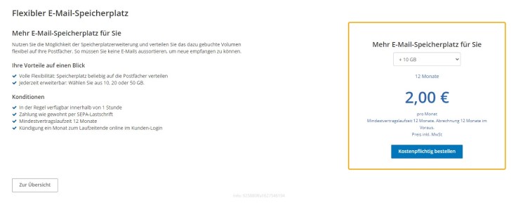 Screenshot: Speicher individuell um 10, 20 oder 50 Gigabyte erweitern