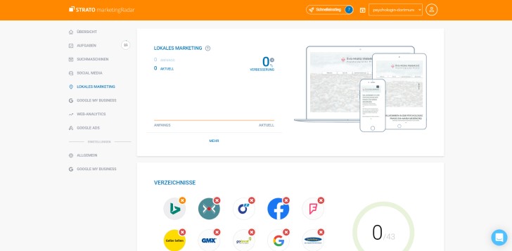 Screenshot marketingRadar: Übersicht über Plattformen, mit denen sich lokales Marketing betreiben lässt.