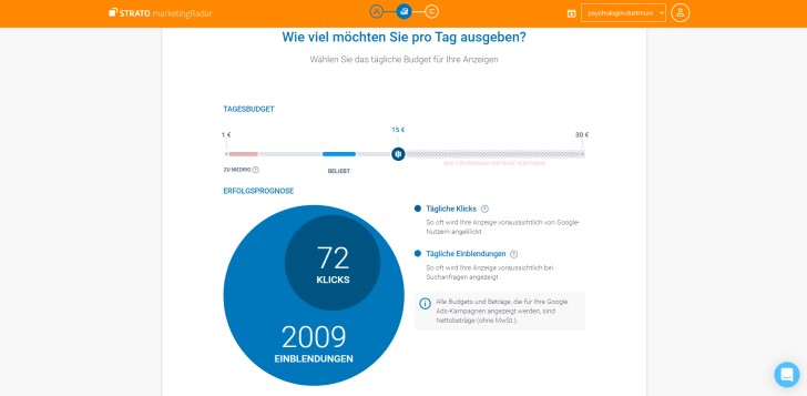 Screenshot marketingRadar: Budgeteinstellungen für Google Ads.