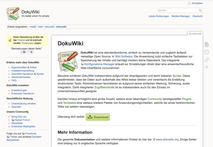 Screenshot von der Nutzeroberfläche von DokuWiki.