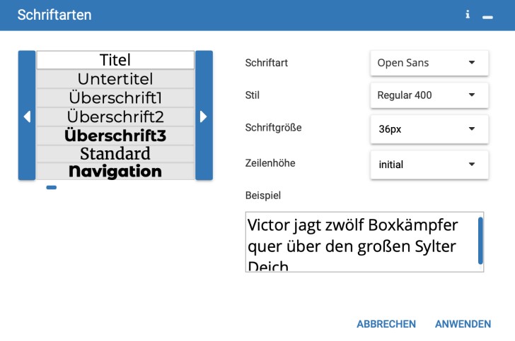 Screenshot: Globales Menü der Schriftarten im Strato Homepage-Baukasten