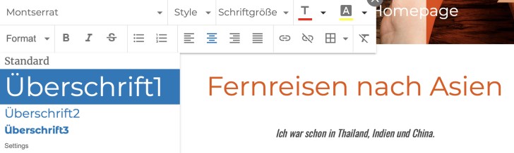 Screenshot: Überschriften-Menü Strato Homepage-Baukasten