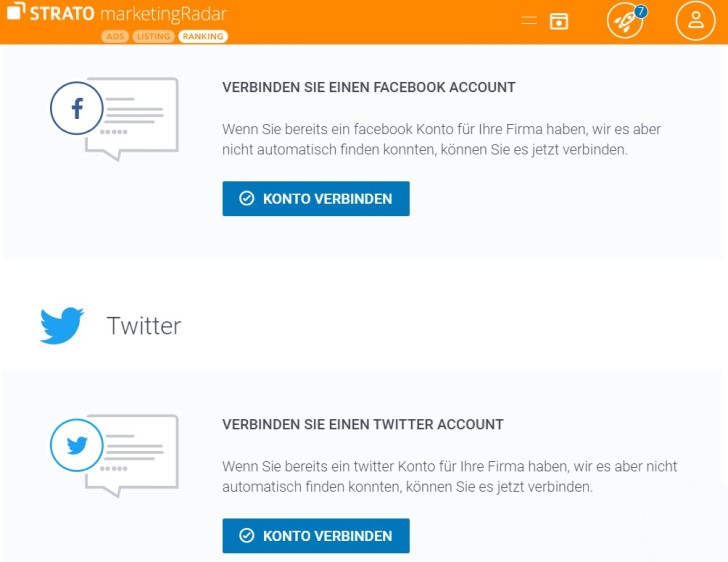 Screenshot zeigt die Möglichkeit, den rankingCoach mit Twitter und Facebook zu verknüpfen