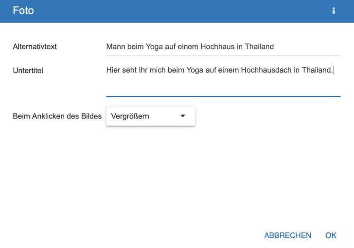 Screenshot: Alternativtexte, Untertitel und weitere Optionen für Bilder im Strato Homepage-Baukasten