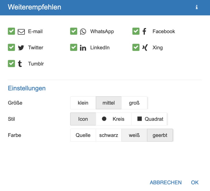Screenshot: Auswahl der Social-Media-Dienste im Strato Homepage-Baukasten für eine Weiterempfehlung