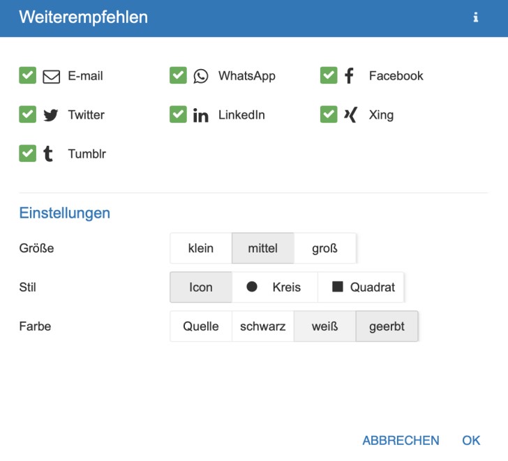 Screenshot: Auswahl der Social-Media-Dienste im Strato Homepage-Baukasten für eine Weiterempfehlung 