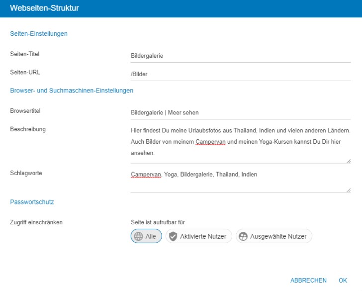 Screenshot: Bearbeiten der SEO-Einstellungen einzelner Unterseiten im Strato Homepage-Baukasten