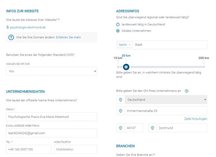 Screenshot zeigt alle relevanten Firmendaten der Psychologischen Praxis Eva-Maria Meierkord.